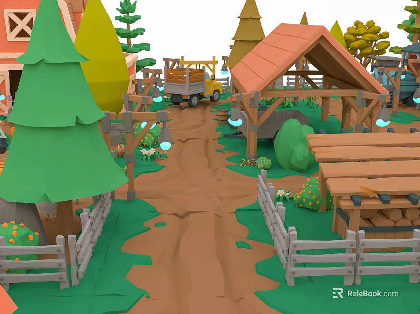 Vibrant Cartoon Scene With Wooden Cabins Green Trees Dirt Path And Wooden Fences 3d model 