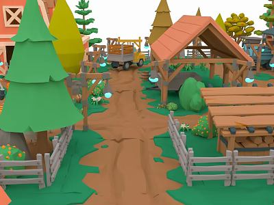 Vibrant Cartoon Scene With Wooden Cabins Green Trees Dirt Path And Wooden Fences 3d model