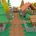 Vibrant Cartoon Scene With Wooden Cabins Green Trees Dirt Path And Wooden Fences