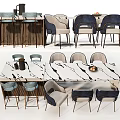 Modern Dining Table Set with Marble Tabletop Gray Blue Chairs and Bar Stools 3d model