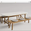 Elegant Oval Dining Table Set With Marble Top Wooden Legs And Gray Cushioned Benches