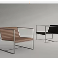Modern Minimalist Leisure Chairs With Wooden Slatted Seat Back And Metal Frame In Brown Black