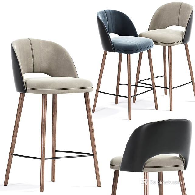 Modern Velvet Bar Stools With Wooden Legs In Grey Blue And Black Tones 3d model 