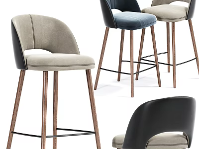 Modern Velvet Bar Stools With Wooden Legs In Grey Blue And Black Tones 3d model