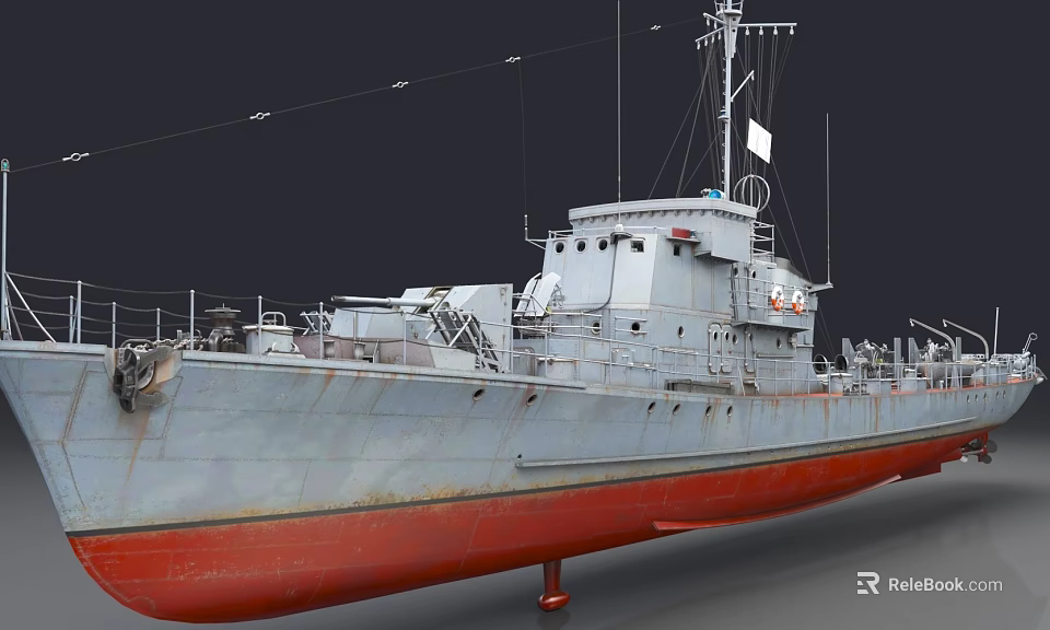 Vintage Warship Featuring Gray Hull Red Bottom Superstructure Railings And Antennas 3d model 