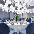 Elegant Banquet Hall Interior With White Spherical Pendant Lights Blue Chairs And City Skyline Backdrop