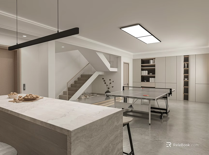 Modern Open Kitchen Interior Design With Island Counter And Cabinets 3d model 