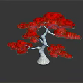 Red Leaf Tree With White Trunk And Reflection On Dark Background
