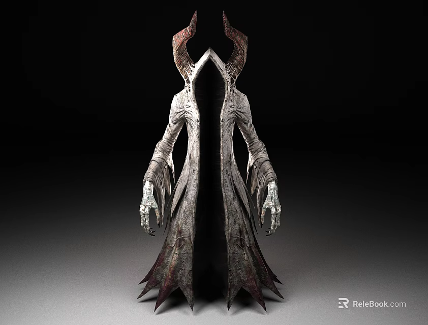 Mysterious Dark Fantasy Game Movie Character With Horned Headpiece And Tattered Robe 3d model 