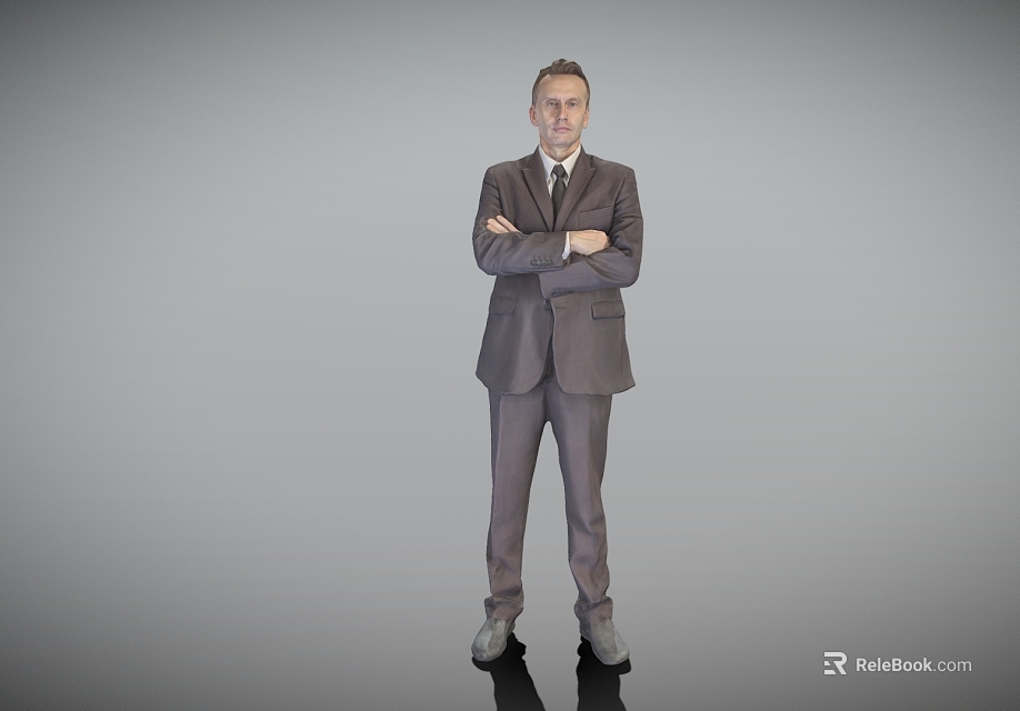 Man in suit standing with arms crossed against grey background and reflective floor 3d model 