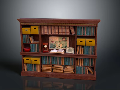 Classic Wooden Bookcase With Multiple Shelves Colorful Books Yellow Drawers And Decorative Items 3d model