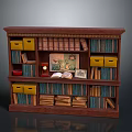 Classic Wooden Bookcase With Multiple Shelves Colorful Books Yellow Drawers And Decorative Items