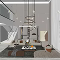 Modern Duplex Living Room Interior With Circular Pendant Lights Staircase And City View Windows