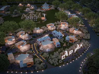 Illuminated Park Landscape With Multiple Tents Cottages Green Lawn Winding Paths And Trees 3d model