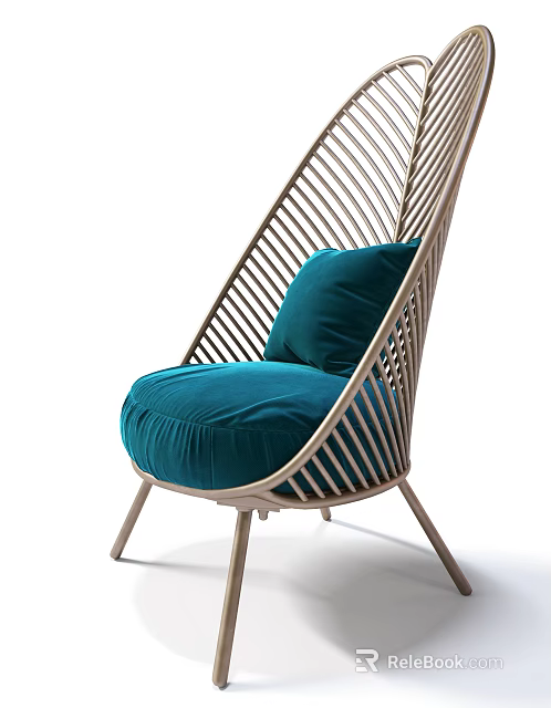 Stylish Light Colored Woven Frame Lounge Chair With Teal Velvet Cushion And Modern Design 3d model 