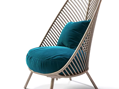 Stylish Light Colored Woven Frame Lounge Chair With Teal Velvet Cushion And Modern Design 3d model