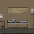 Traditional Chinese Interior Space Featuring Beige Wall Landscape Calligraphy Scroll Wooden Bench And Floor Lamp