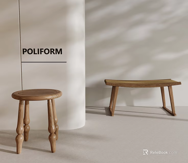 Poliform Wooden Furniture Round Stool And Long Bench In Minimalist White Room Setting 3d model 