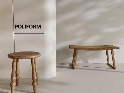 Poliform Wooden Furniture Round Stool And Long Bench In Minimalist White Room Setting 3d model