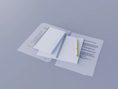 Spiral Bound Notebook with Gold Pen and Loose Papers on Light Background 3d model