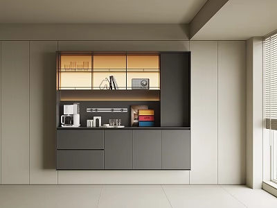 Modern Gray Sideboard Cabinet With Glass Doors Shelves Drawers And Built In Lighting 3d model