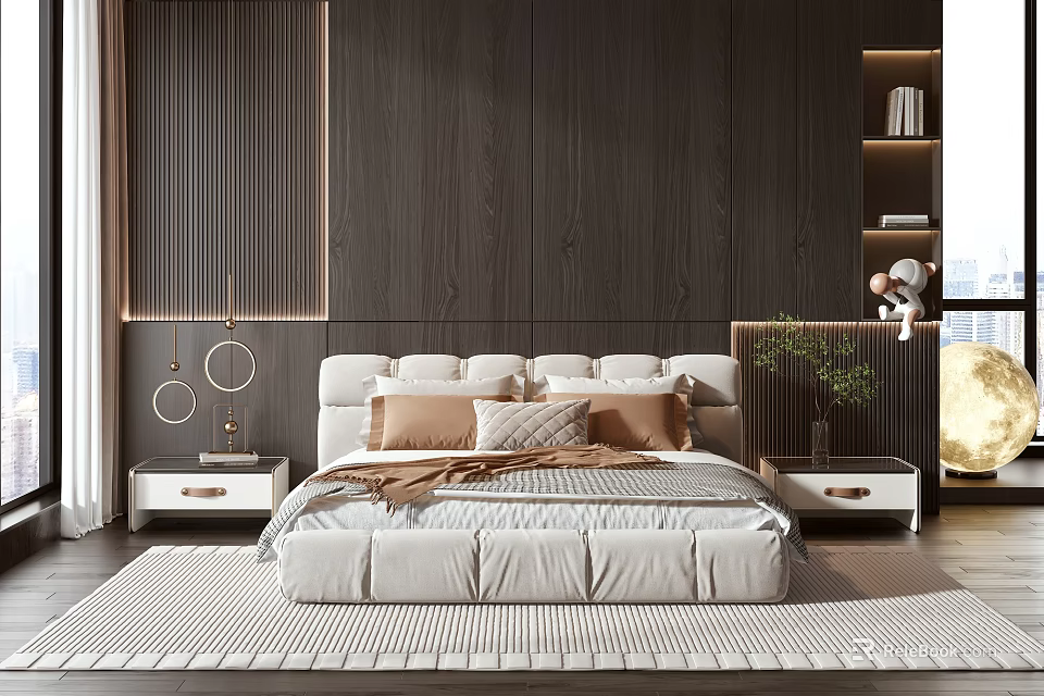 Modern Bedroom Beige Double Bed With Dark Wooden Wall Round Lights Nightstands And Rug 3d model 