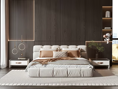 Modern Bedroom Beige Double Bed With Dark Wooden Wall Round Lights Nightstands And Rug 3d model
