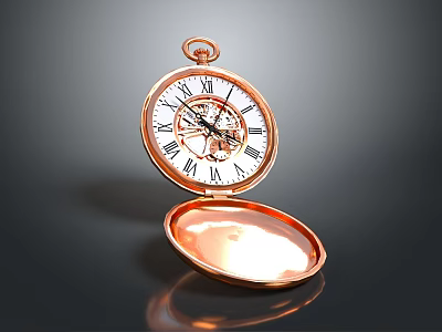 Elegant Open Copper Colored Pocket Watch With Roman Numeral Dial And Mechanical Design 3d model