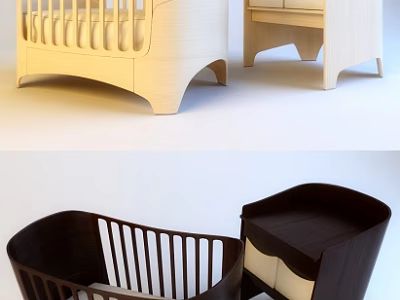 Natural And Dark Brown Baby Crib With Matching Side Cabinet Modern Design 3d model