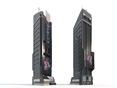 Cartoon Scene of Two Black Modern Tall Buildings with Decorative Signage and Urban Design 3d model