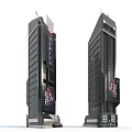 Cartoon Scene of Two Black Modern Tall Buildings with Decorative Signage and Urban Design