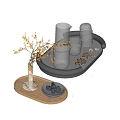 Elegant Decorative Ornament Set with Marble Vase Branches Berries Glass Cup and Wooden Tray