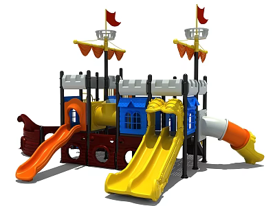 Pirate Ship Themed Playground Equipment With Orange Yellow Slides And Red Flags Castle Structure 3d model