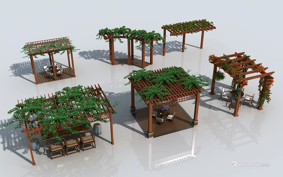 Outdoor Pergola with Green Vines Various Designs and Leisure Tables Chairs 3d model 