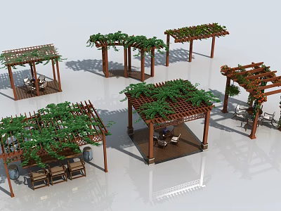 Outdoor Pergola with Green Vines Various Designs and Leisure Tables Chairs 3d model