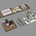 Organized Bathroom Essentials With Rolled Towels On Wooden Trays And Toiletries