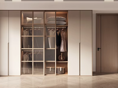 Modern Wardrobe Interior With Glass Doors Hanging Clothes Storage Bins And Integrated Lighting 3d model