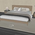 Double Bed With Wooden Headboard Beige Linens Nightstands And Slippers On Rug