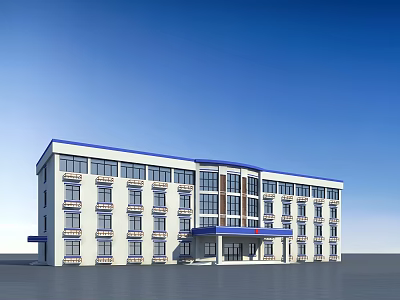 Modern Multi Story Office Building With White Exterior Blue Roof And Glass Windows 3d model