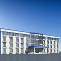 Modern Multi Story Office Building With White Exterior Blue Roof And Glass Windows