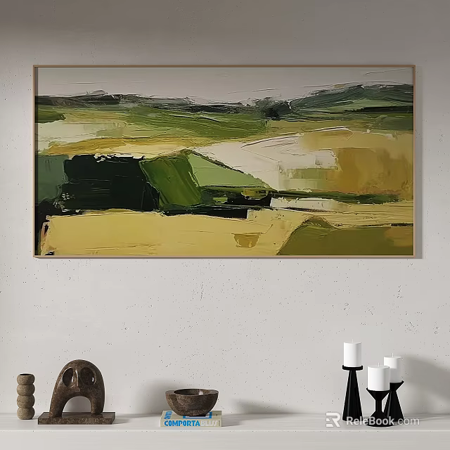 Abstract Painting With Green Yellow White Tones Landscape Design Wall Art Decor 3d model 