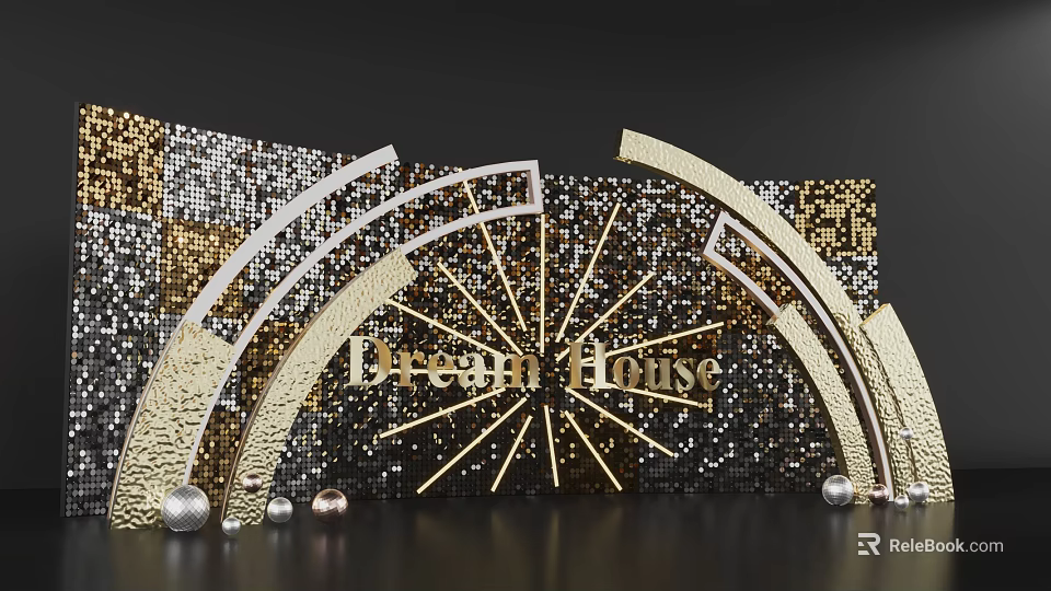 Hotel Corridor With Gold Black Mosaic Backdrop Golden Curved Decorations Silver Spherical Ornaments Dream House 3d model 