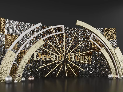 Hotel Corridor With Gold Black Mosaic Backdrop Golden Curved Decorations Silver Spherical Ornaments Dream House 3d model