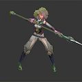 Gray Short Haired Female Warrior Wearing Gray White Armor With Yellow Star Decorations Holding Spear