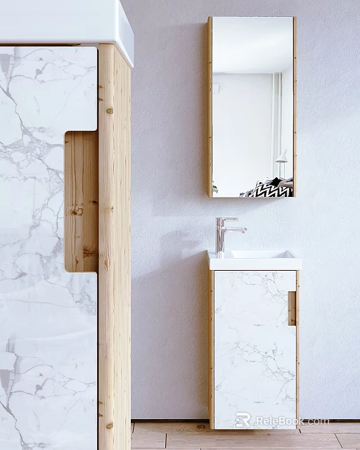 Modern Marble Washbasin Vanity with Wooden Cabinet Mirror and Sleek Faucet Design 3d model 