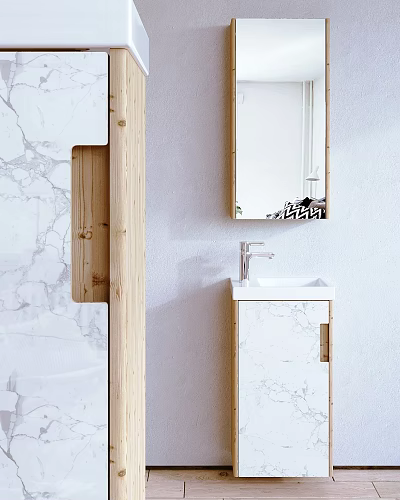 Modern Marble Washbasin Vanity with Wooden Cabinet Mirror and Sleek Faucet Design 3d model