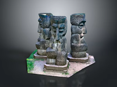 Ancient Humanoid Stone Statues With Carved Faces Standing On Grass Base 3d model