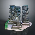 Ancient Humanoid Stone Statues With Carved Faces Standing On Grass Base 3d model