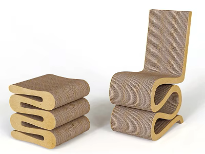 Brown Woven Fabric Accent Chair With Modern Curved Wooden Frame And Stackable Design 3d model