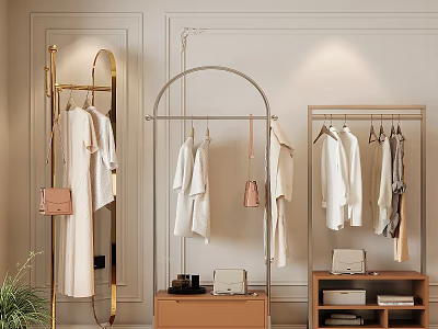 Elegant Clothes Racks With Golden Arch Metal Curved And Wooden Design Hanging White Clothes Handbags 3d model
